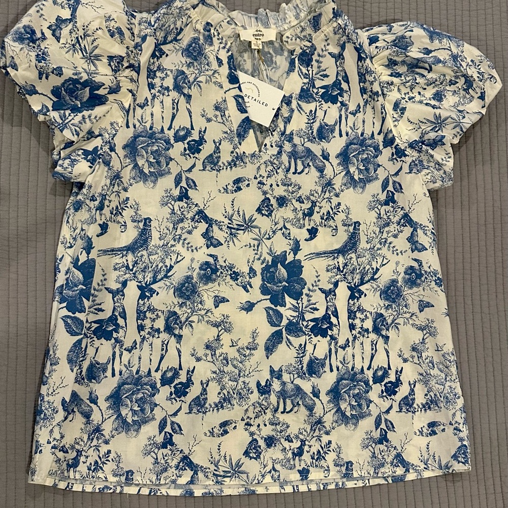 ENTRO puff sleeve top. Baby blue & ivory.